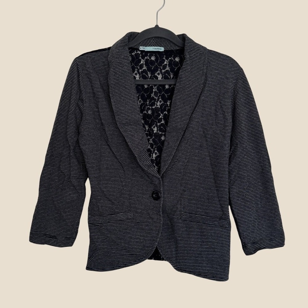 Maurices Medium Lightweight Knit Blazer Black White Stripe Black Lace Back Panel